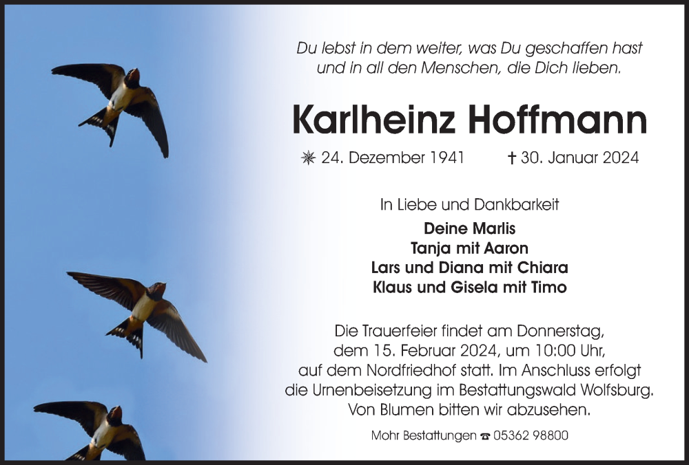  Traueranzeige für Karlheinz Hoffmann vom 10.02.2024 aus Wolfsburger Nachrichten