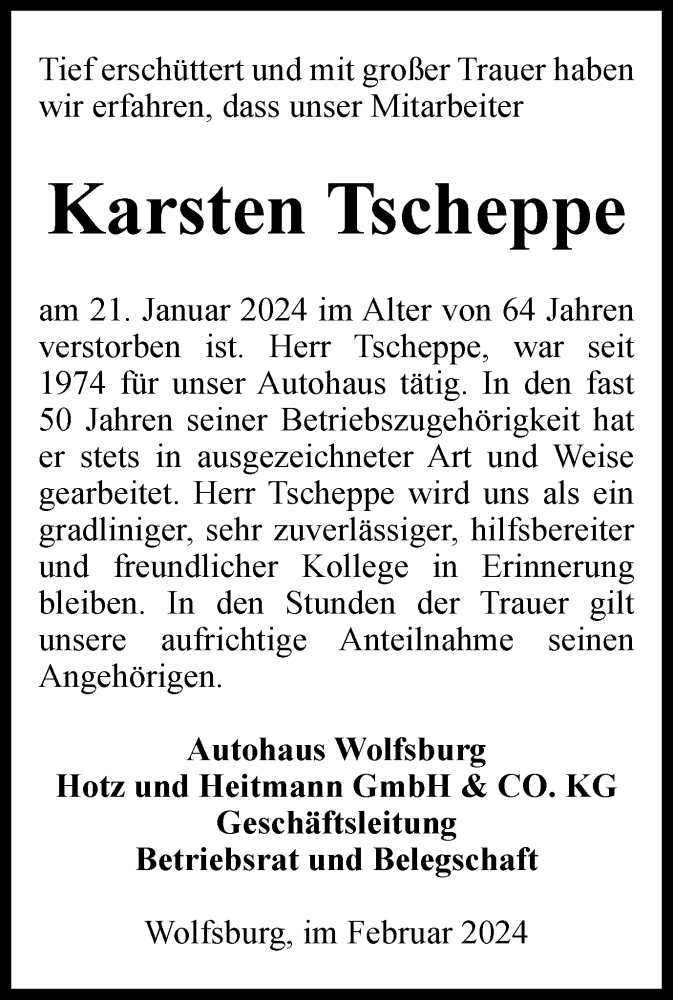  Traueranzeige für Karsten Tscheppe vom 03.02.2024 aus Wolfsburger Nachrichten