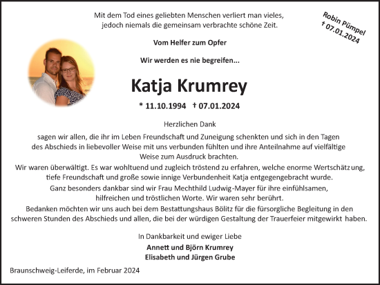 Traueranzeige von Katja Krumrey von Braunschweiger Zeitung