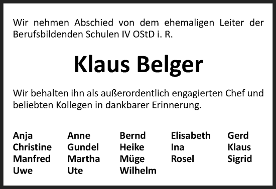 Traueranzeige von Klaus Belger von Braunschweiger Zeitung