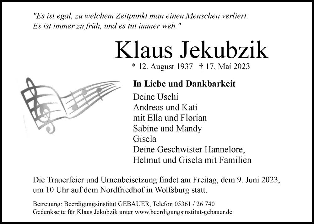  Traueranzeige für Klaus Jekubzik vom 27.05.2023 aus Wolfsburger Nachrichten