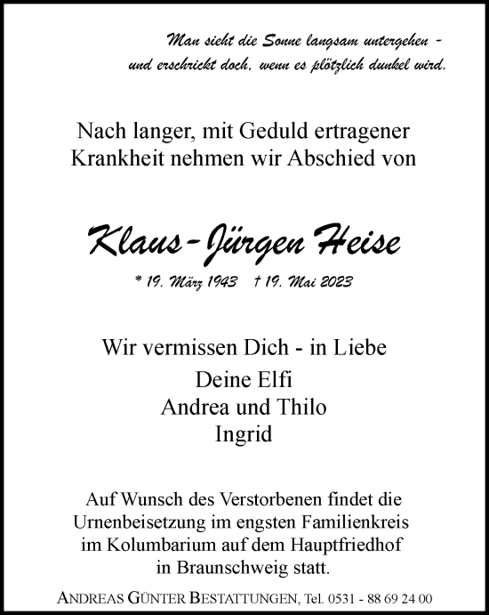 Traueranzeige von Klaus-Jürgen Heise von Braunschweiger Zeitung