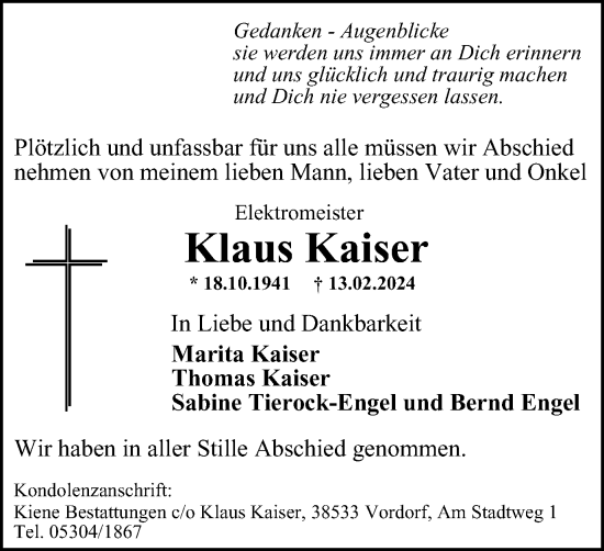 Traueranzeige von Klaus Kaiser von Braunschweiger Zeitung