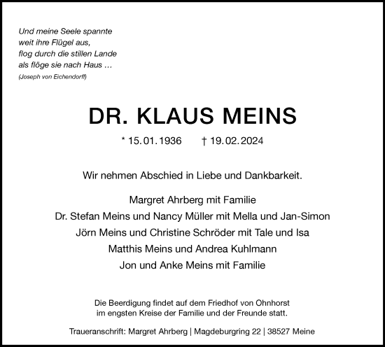 Traueranzeige von Klaus Meins von Braunschweiger Zeitung