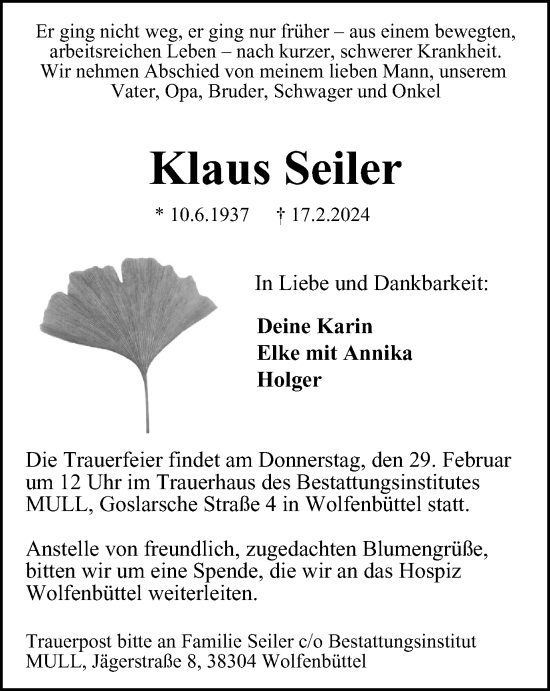 Traueranzeige von Klaus Seiler von Wolfenbütteler Zeitung