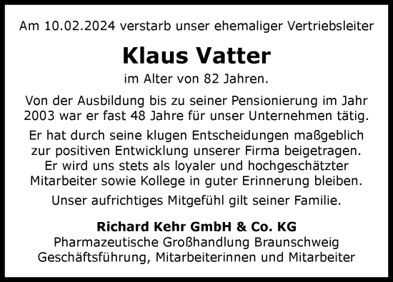 Traueranzeige von Klaus Vatter von Wolfsburger Nachrichten