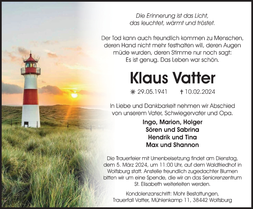  Traueranzeige für Klaus Vatter vom 17.02.2024 aus Wolfsburger Nachrichten
