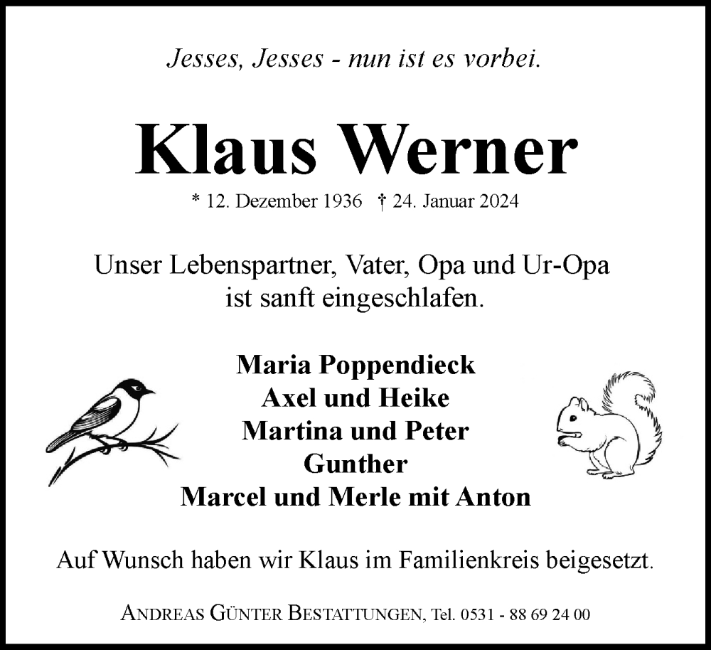  Traueranzeige für Klaus Werner vom 10.02.2024 aus Braunschweiger Zeitung