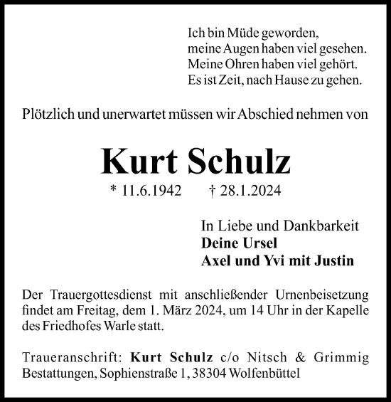 Traueranzeige von Kurt Schulz von Wolfenbütteler Zeitung