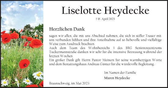 Traueranzeige von Liselotte Heydecke von Braunschweiger Zeitung