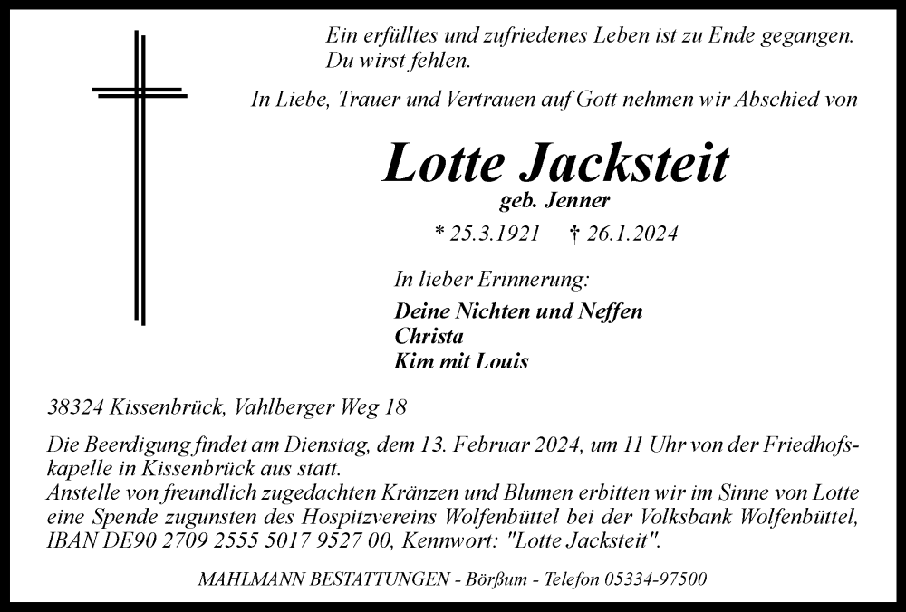  Traueranzeige für Lotte Jacksteit vom 10.02.2024 aus Wolfenbütteler Zeitung