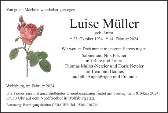 Traueranzeige von Luise Müller von Wolfsburger Nachrichten