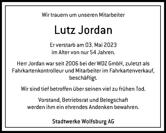 Traueranzeige von Lutz Jordan von Wolfsburger Nachrichten