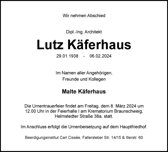 Traueranzeige von Lutz Käferhaus von Braunschweiger Zeitung
