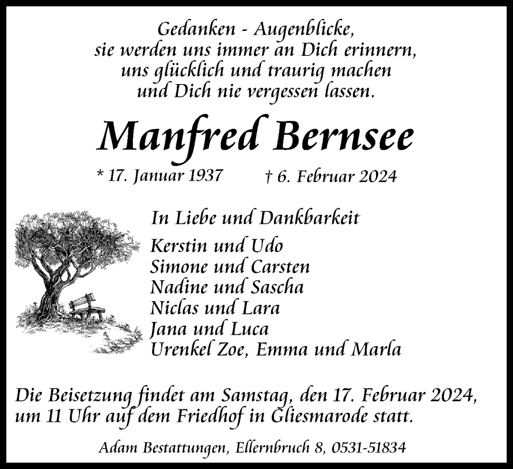  Traueranzeige für Manfred Bernsee vom 10.02.2024 aus Braunschweiger Zeitung