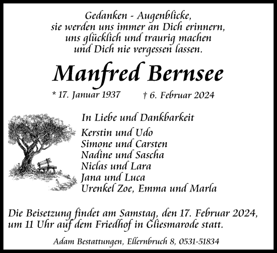 Traueranzeige von Manfred Bernsee von Braunschweiger Zeitung