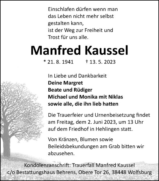 Traueranzeige von Manfred Kaussel von Wolfsburger Nachrichten