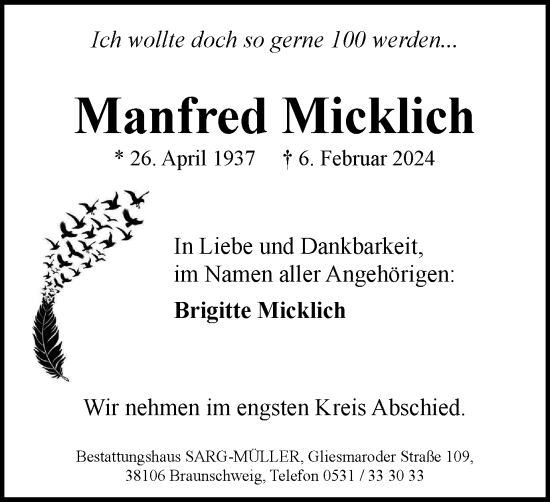 Traueranzeige von Manfred Micklich von Braunschweiger Zeitung