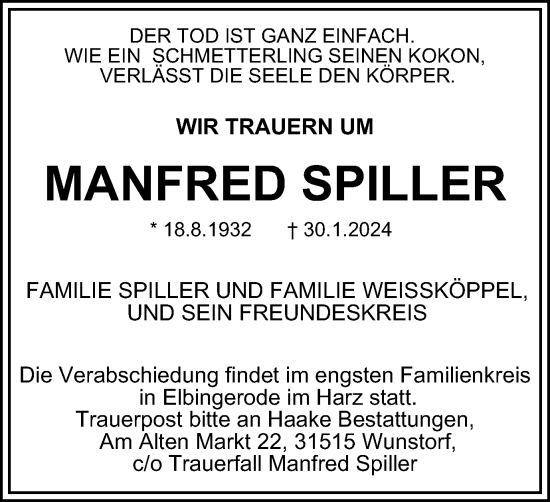 Traueranzeige von Manfred Spiller von Wolfenbütteler Zeitung