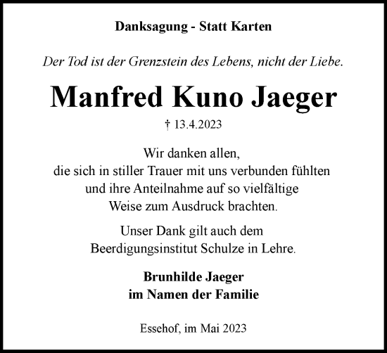 Traueranzeige von Manfred Kuno Jaeger von Braunschweiger Zeitung