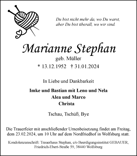 Traueranzeige von Marianne Stephan von Wolfsburger Nachrichten