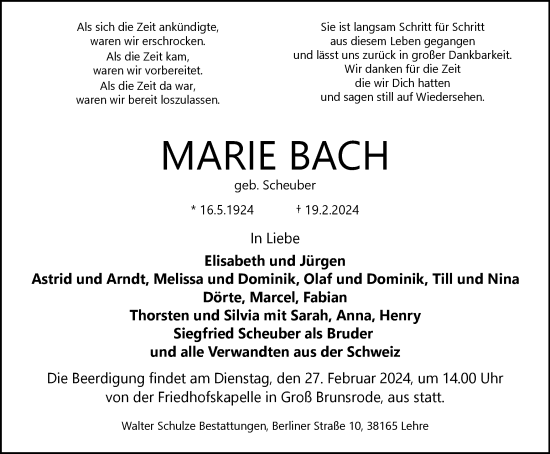 Traueranzeige von Marie Bach von Helmstedter Nachrichten