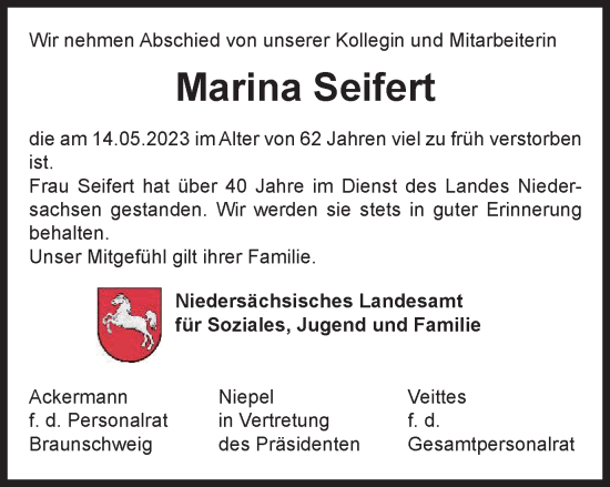 Traueranzeige von Marina Seifert von Braunschweiger Zeitung