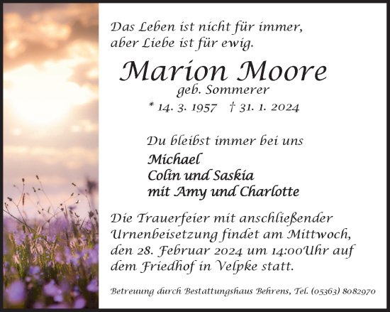 Traueranzeige von Marion Moore von Wolfsburger Nachrichten