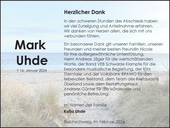 Traueranzeige von Mark Uhde von Braunschweiger Zeitung