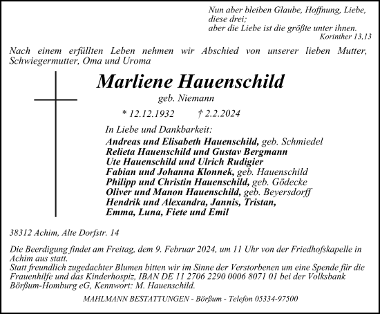 Traueranzeige von Marliene Hauenschild von Wolfenbütteler Zeitung