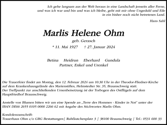 Traueranzeige von Marlis Helene Ohm von Braunschweiger Zeitung