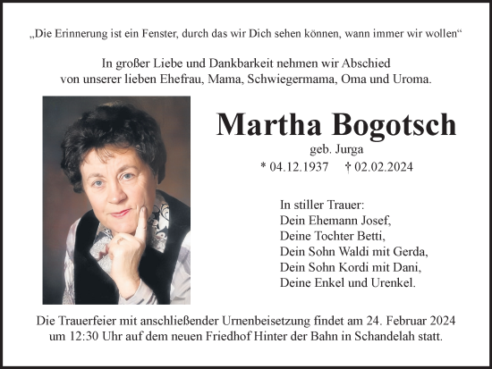 Traueranzeige von Martha Bogotsch von Wolfenbütteler Zeitung