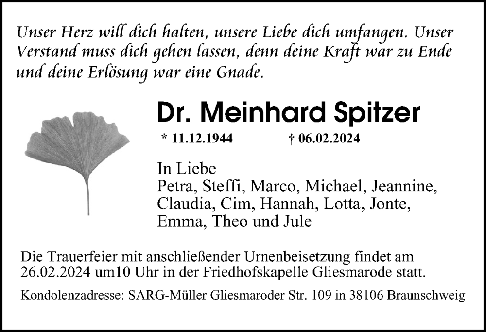  Traueranzeige für Meinhard Spitzer vom 10.02.2024 aus Braunschweiger Zeitung
