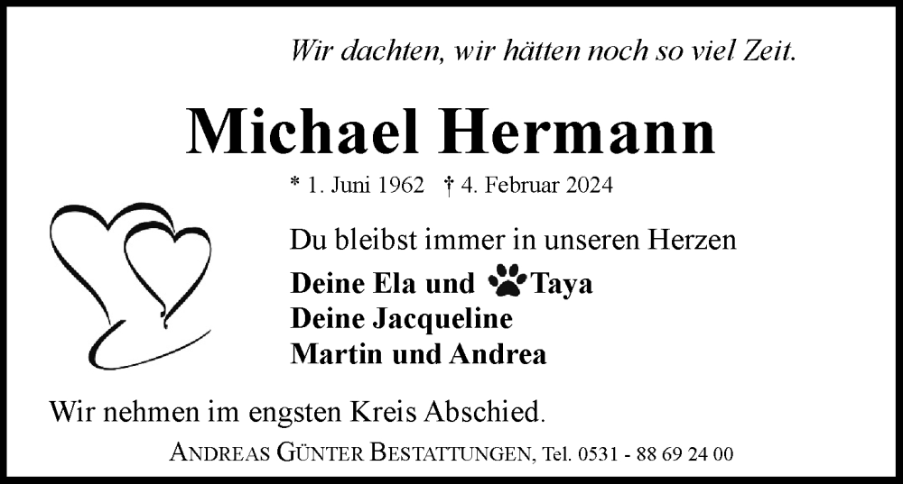  Traueranzeige für Michael Hermann vom 10.02.2024 aus Neue Braunschweiger am Samstag