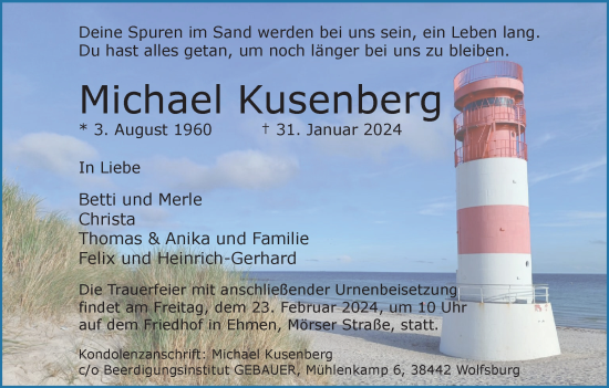 Traueranzeige von Michael Kusenberg von Wolfsburger Nachrichten