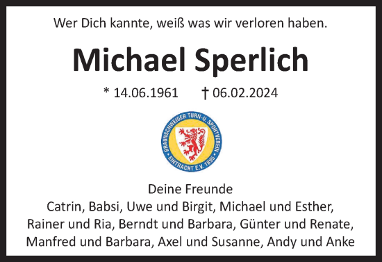 Traueranzeige von Michael Sperlich von Braunschweiger Zeitung