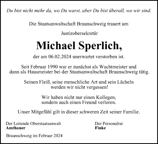 Traueranzeige von Michael Sperlich von Braunschweiger Zeitung