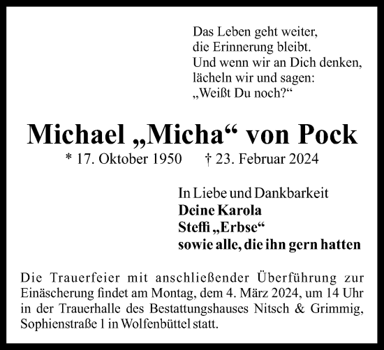 Traueranzeige von Michael von Pock von Wolfenbütteler Zeitung