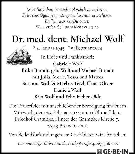 Traueranzeige von Michael Wolf von Braunschweiger Zeitung