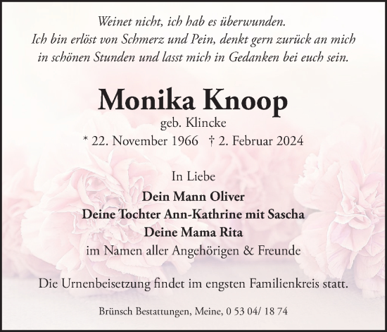 Traueranzeige von Monika Knoop von Wolfsburger Nachrichten