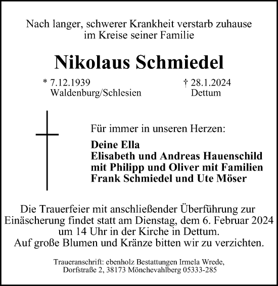 Traueranzeige von Nikolaus Schmiedel von Wolfenbütteler Zeitung