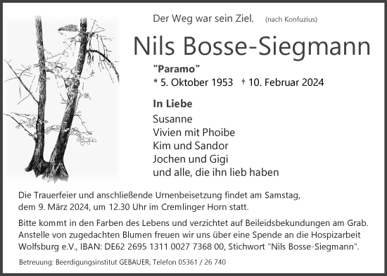 Traueranzeige von Nils Bosse-Siegmann von Wolfsburger Nachrichten