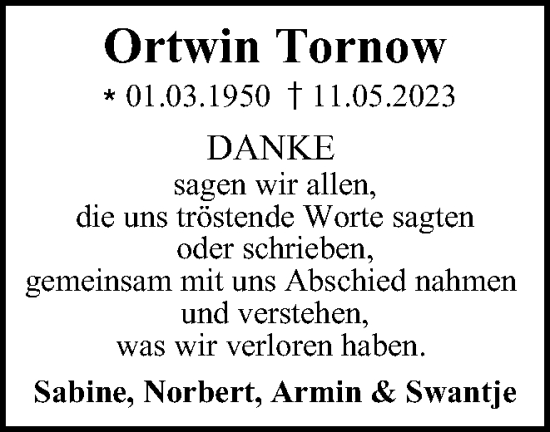 Traueranzeige von Ortwin Tornow von Braunschweiger Zeitung