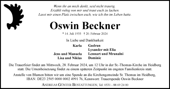 Traueranzeige von Oswin Beckner von Braunschweiger Zeitung