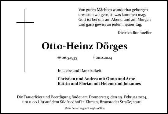 Traueranzeige von Otto-Heinz Dörges von Wolfsburger Nachrichten