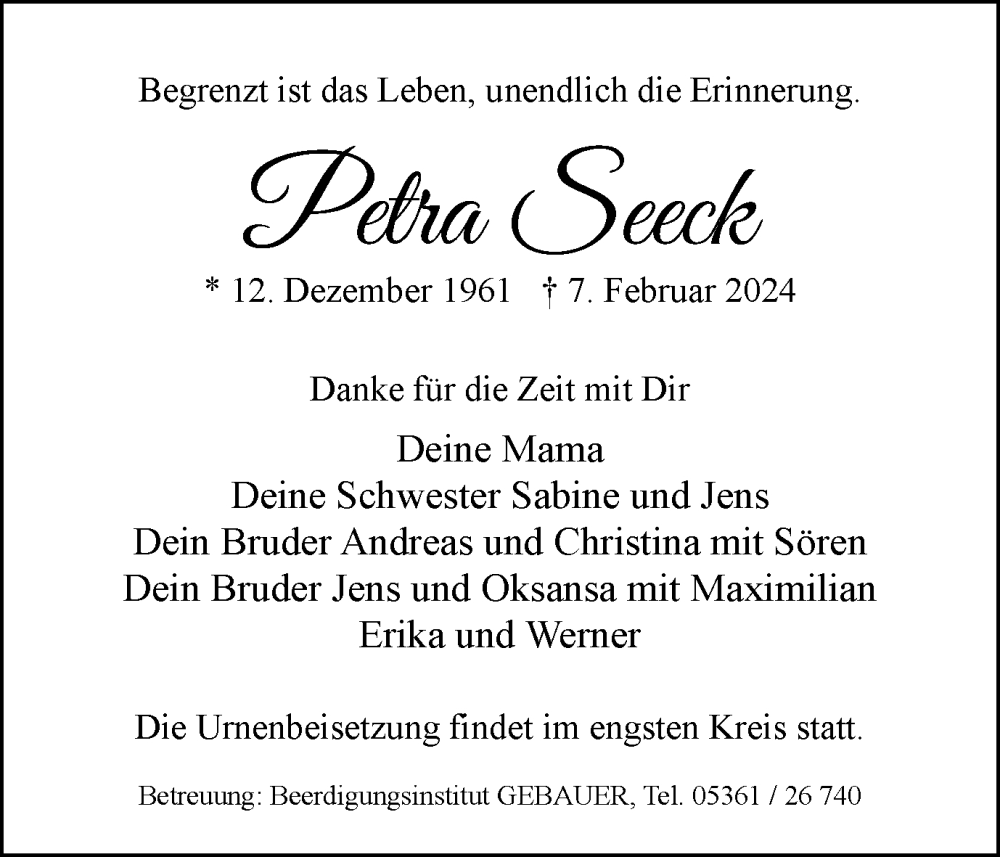  Traueranzeige für Petra Seeck vom 17.02.2024 aus Wolfsburger Nachrichten