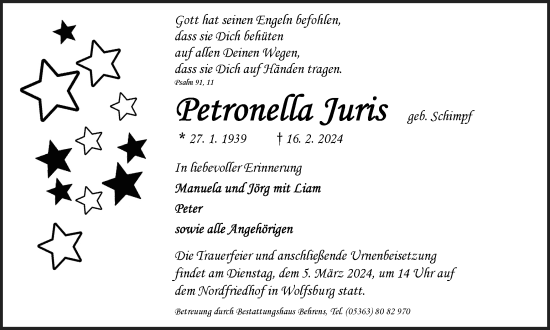 Traueranzeige von Petronella Juris von Wolfsburger Nachrichten