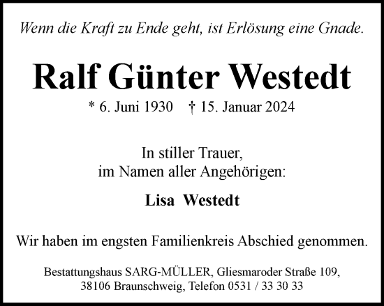 Traueranzeige von Ralf Günter Westedt von Braunschweiger Zeitung