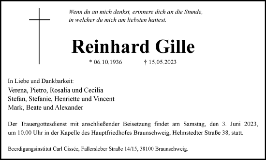 Traueranzeige von Reinhard Gille von Braunschweiger Zeitung