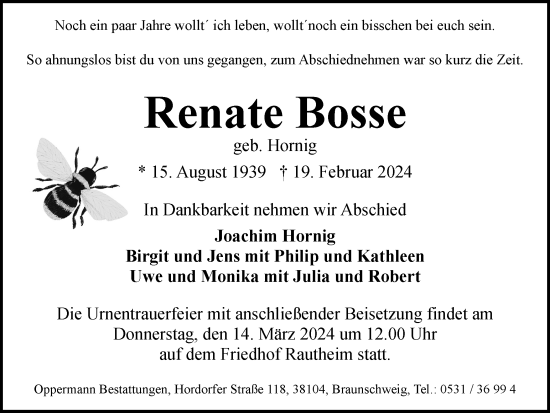 Traueranzeige von Renate Bosse von Braunschweiger Zeitung